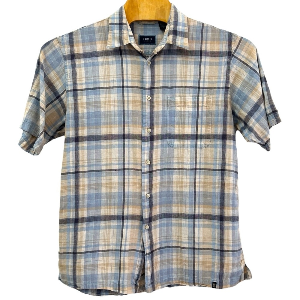 Izod Men’s‎ Plaid Short Sleeve Button Down Linen Cotton Blend Shirt   Sz L